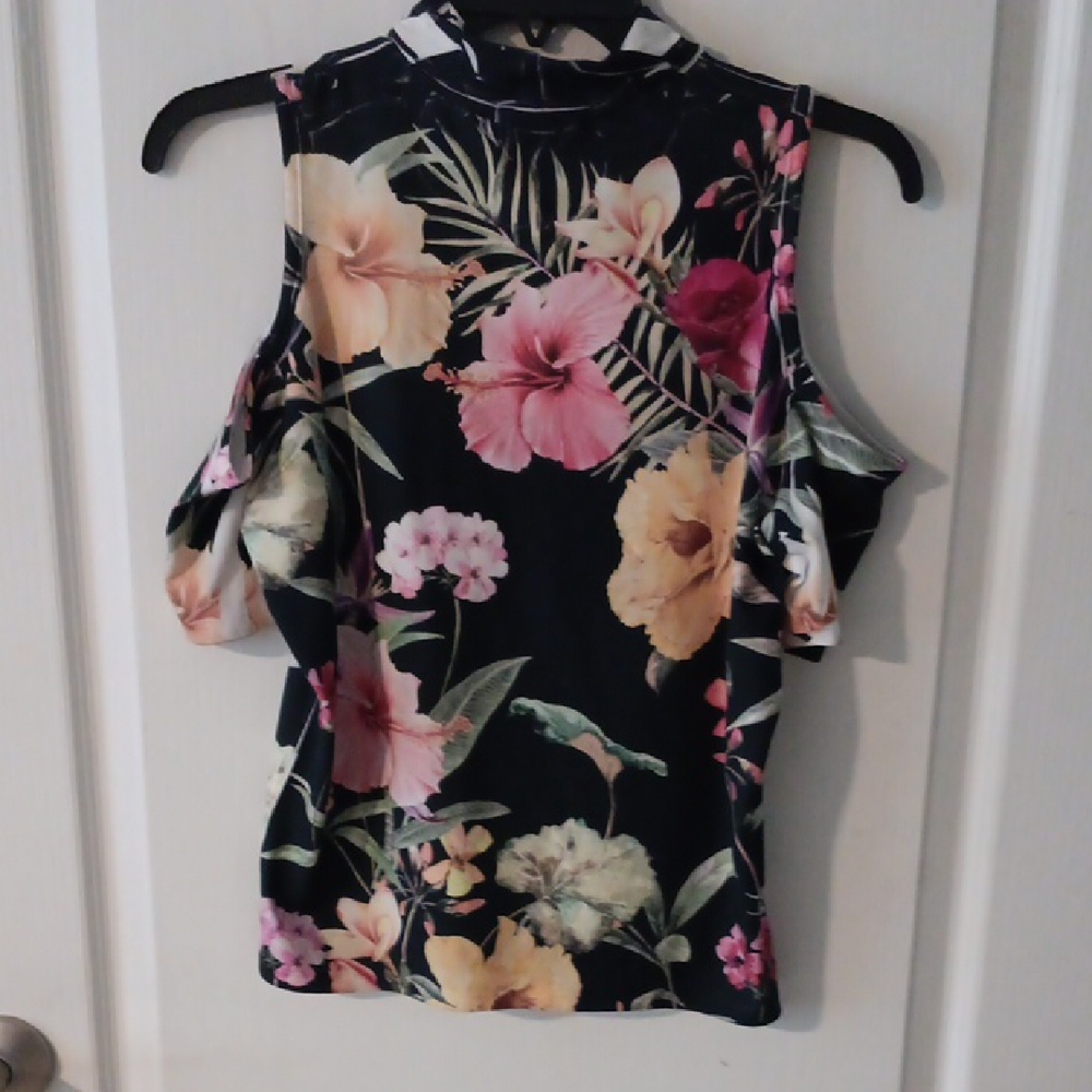 Floral Cold Shoulder Blouse - Black and Multicolor